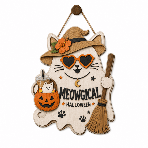 Personalized Halloween Wooden Sign Ghost Cat Wood Hanging Door Sign for Cat Lovers