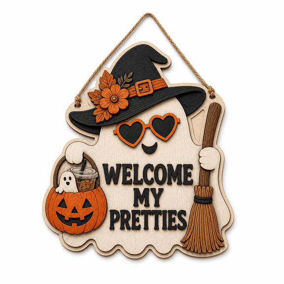 Personalized Halloween Wooden Sign Ghost with Broom Wood Door Hanger for Front Porch