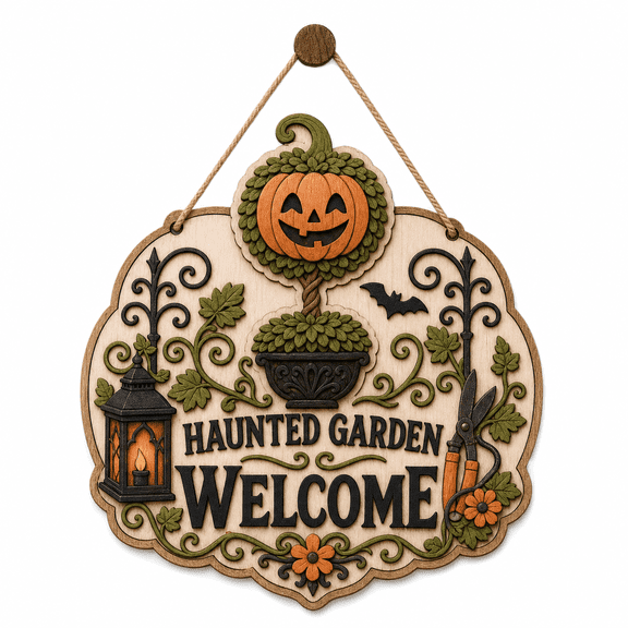 Personalized Halloween Wooden Sign Haunted Garden Wood Door Hanging for Fall Entryway