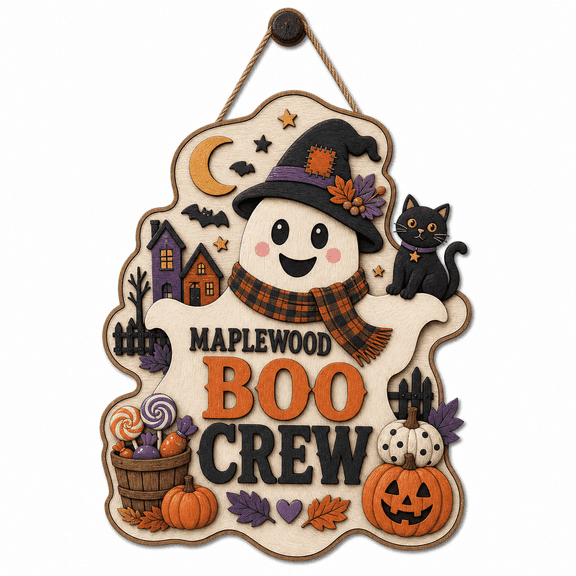 Personalized Halloween Wooden Sign Neighborhood Boo Crew Wood Door Hanger for Entryway Halloween Hosts