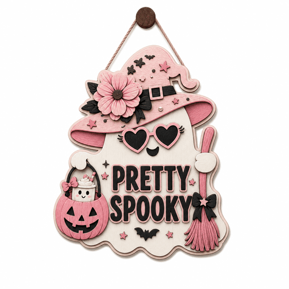 Personalized Halloween Wooden Sign Pretty Spooky Ghost Wood Door Hanger for Halloween Hosts