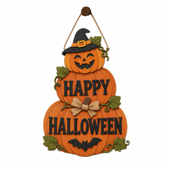 Personalized Halloween Wooden Sign Pumpkin Stack Wood Front Door Hanging for Entryway