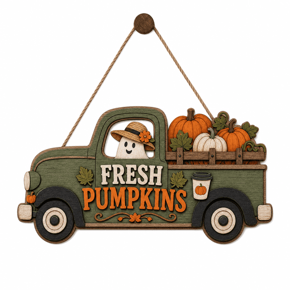 Personalized Halloween Wooden Sign Pumpkin Truck Wood Hanging Sign for Front Door Entryway