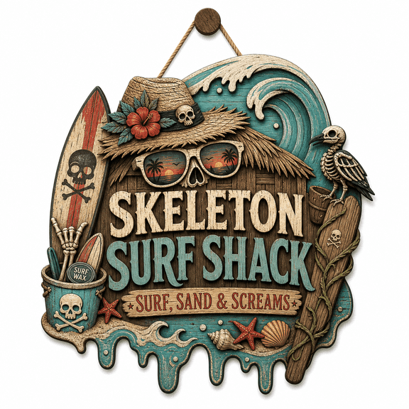 Personalized Halloween Wooden Sign Skeleton Surf Shack Wood Door Hanger for Beach House Decor