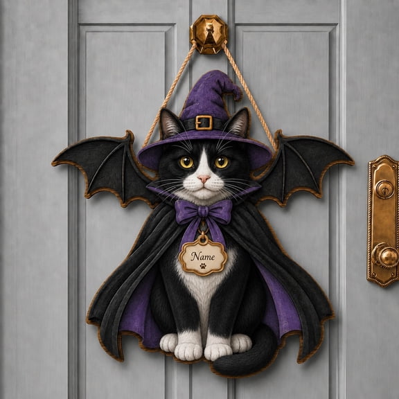Personalized Halloween Wooden Sign Tuxedo Cat Wood Front Door Decor for Cat Lovers