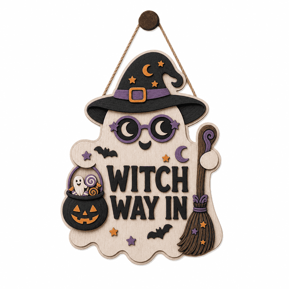 Personalized Halloween Wooden Sign Witch Ghost Welcome Wood Door Hanger for Entryway