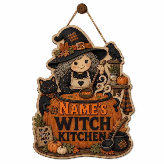 Personalized Halloween Wooden Sign Witch Kitchen Wood Door Hanging for Fall Kitchen Decor