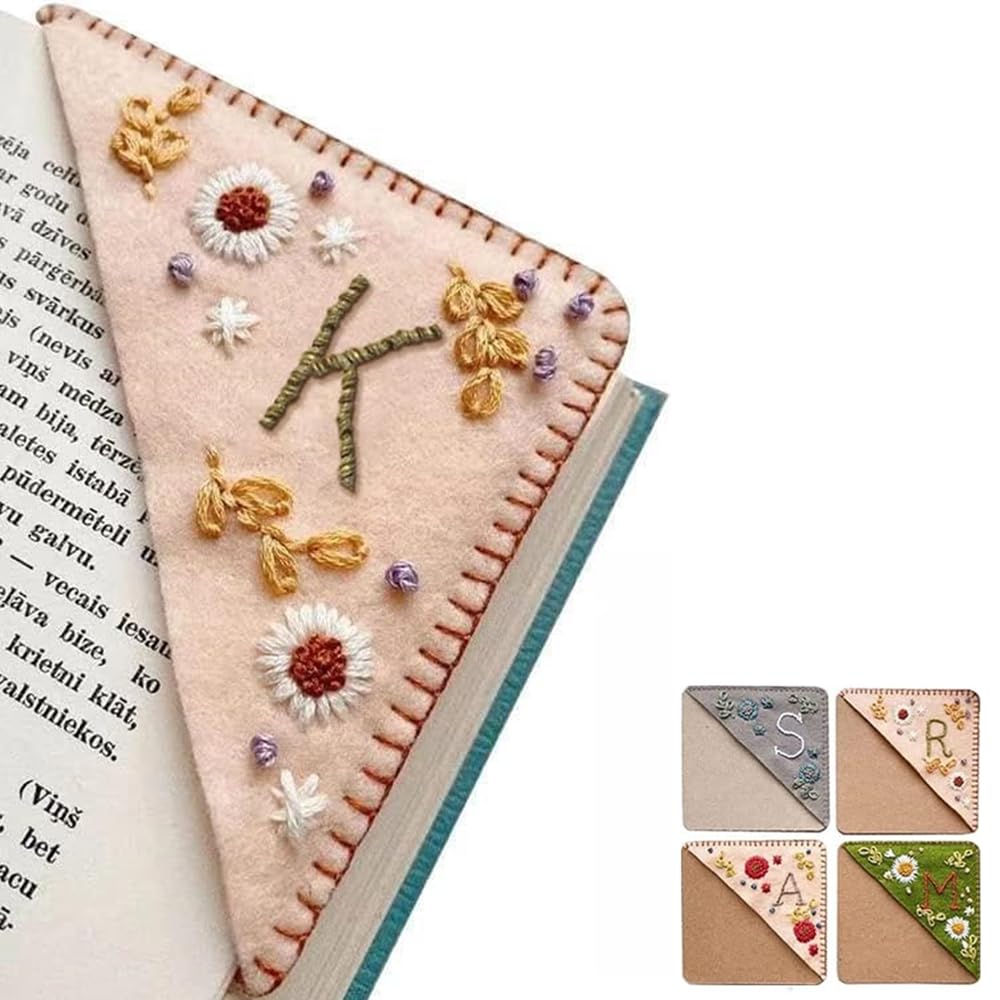 Spring Corner Bookmark Personalized Hand Embroidered Corner Bookmark 26 Letters Felt Triangle ...