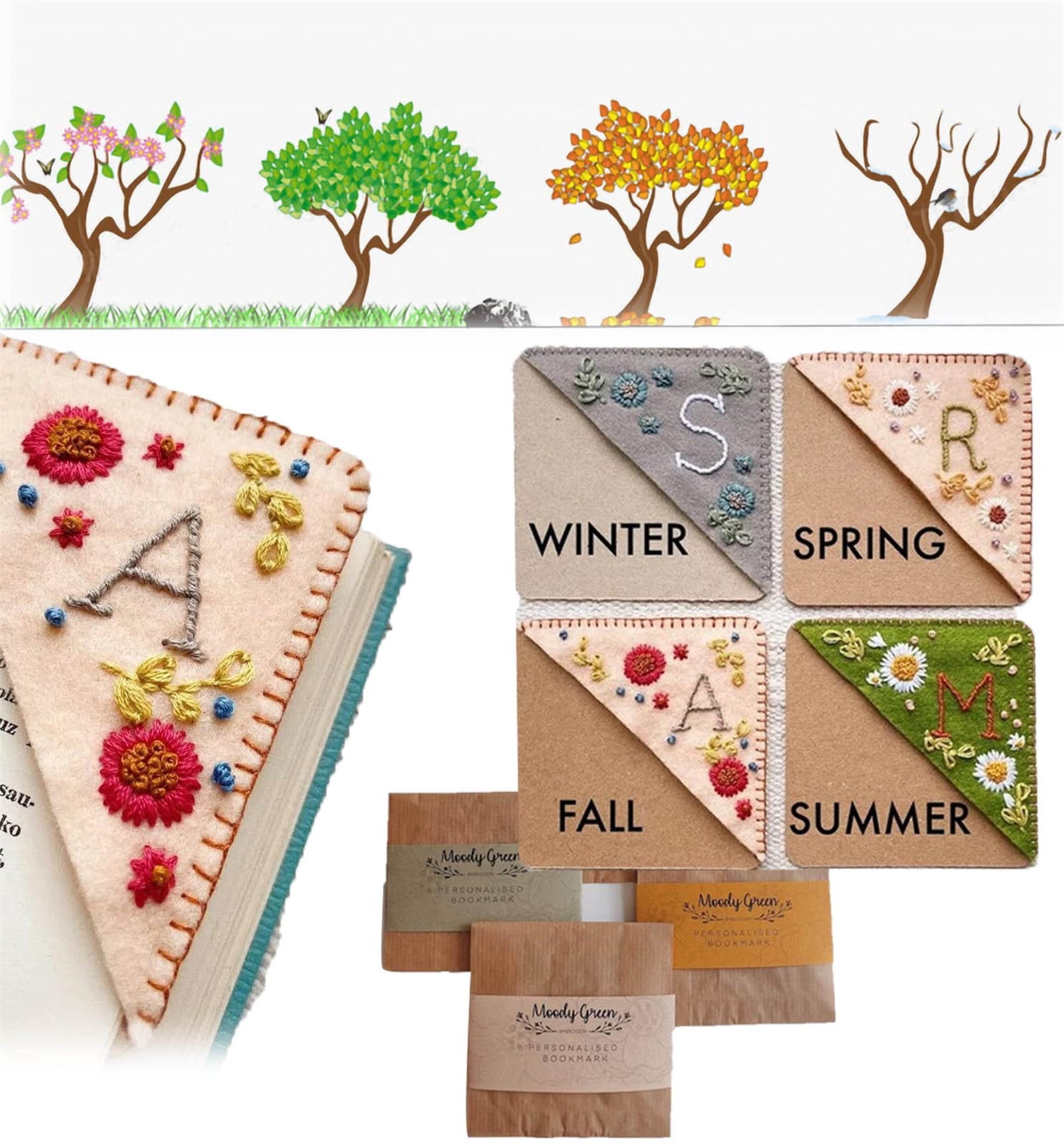 Personalized Hand Embroidered Corner Bookmark, Hand Stitched Felt