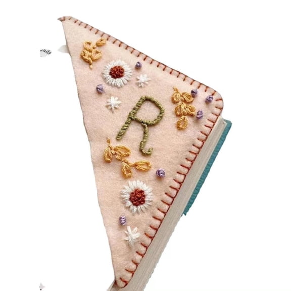 Personalized Hand Embroidered Corner Bookmark,felt Triangle Page Stitched Handmade Bookmark,unique Cute Flower Letter Embroidery Bookmarks Accessories for Book Lovers, Fall-C