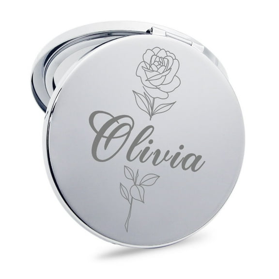 Personalized Handheld Compact Mirror, Portable Pocket Mirror, Free Engraving Flower Name Mirror, Customized Any Name Gift for Her
