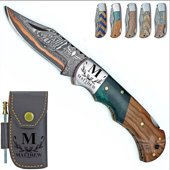 Personalized Handmade Copper Damascus Folding Knife for Men- Copper Anniversary Pocket Knife - Groomsman Gift Knife- Outdoor, Camping, Hunting & Survival Gift for Him