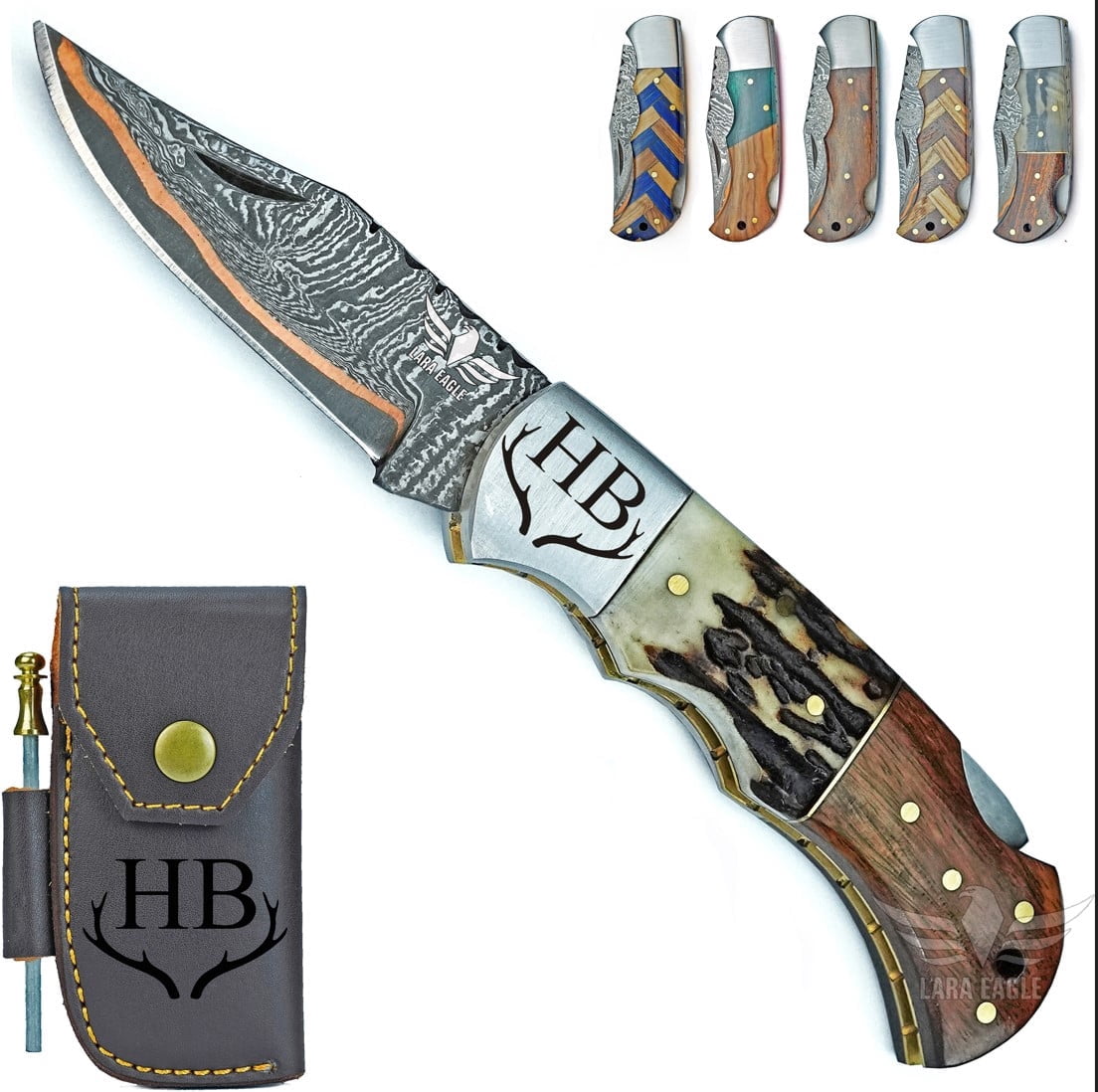 Lara Eagle Handmade Copper Damascus Folding Knife for Men – Copper Pocket Knife with Leather Sheath – Outdoor, Camping, Hunting & Survival Gift for Father, Husband