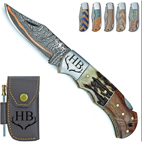 Lara Eagle Handmade Copper Damascus Folding Knife for Men Copper Pocket Knife with Leather Sheath Outdoor, Camping, Hunting & Survival Gift for Father, Husband
