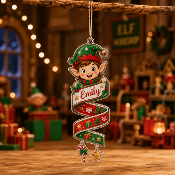 Personalized Hanging Ornament Christmas Elf Ribbon Decor