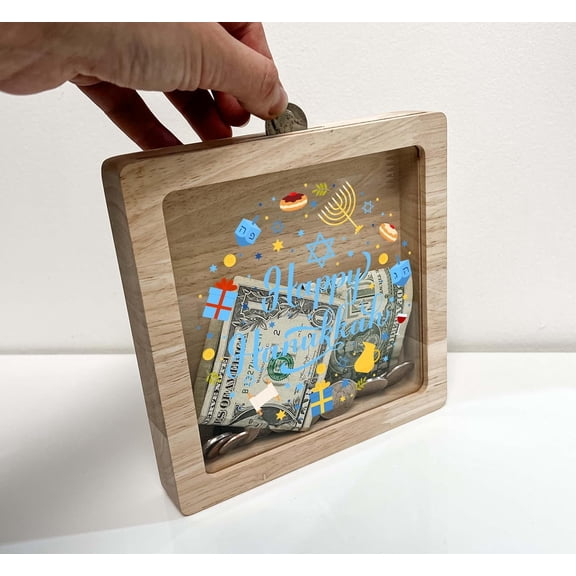 Personalized Hanukkah Menorah Dreidel Jewish Star Presents Holiday Frame Stand Shadow Box Home Memory Box Wooden Keepsake Savings Bank, Custom Text Gift Room Decor, Made in America!
