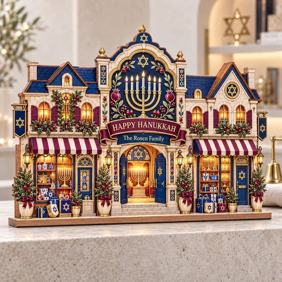 Personalized Hanukkah Menorah Village Wooden Block Decor, Jewish Holiday Shelf Sitter for Home Display