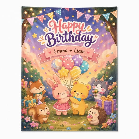 Personalized Happy Birthday Couple Fleece Blanket, 280 GSM Polyester Fleece Throw, Custom Name Blanket, 30x40 to 60x80 In
