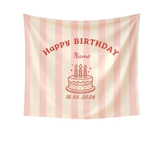 Personalized Happy Birthday Tapestry Backdrop, Custom Name Date Pink Striped Cake Banner Party Decor Photo Booth Backdrop