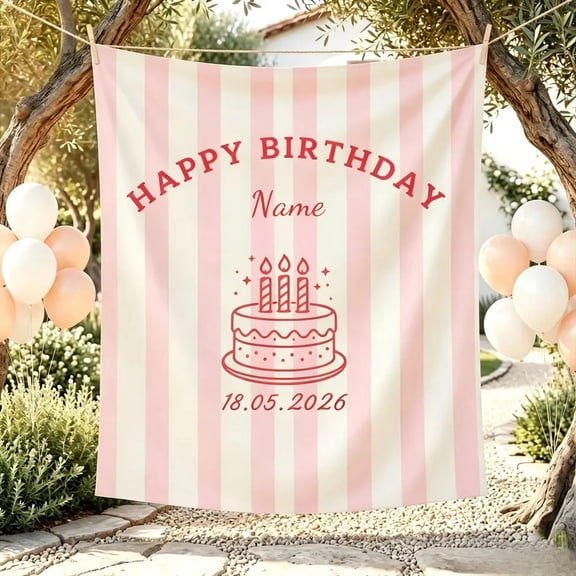 Personalized Happy Birthday Tapestry Backdrop, Custom Name Date Pink Striped Cake Banner Party Decor Photo Booth Backdrop