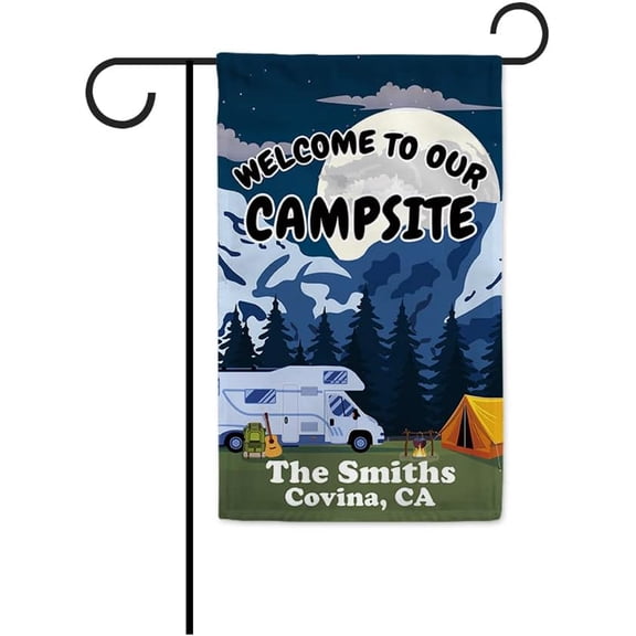 Personalized Happy Campers Camping Garden Flag Welcome to Our Campsite Rv Flag for Outdoor Yard Garden Banner Bright Moon Mountain Tree Small Flag Home Lawn Decoration 12.5"x 18" Double Sided