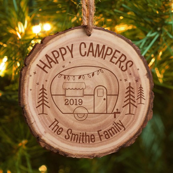 Personalized Happy Campers Christmas Tree Ornament with Cut Log Design