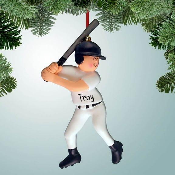 Personalized Happy Hitter Baseball with B&W Uniform Christmas Ornament - Little League - Batting Practice - World Series - Sports - Hitting a Homerun