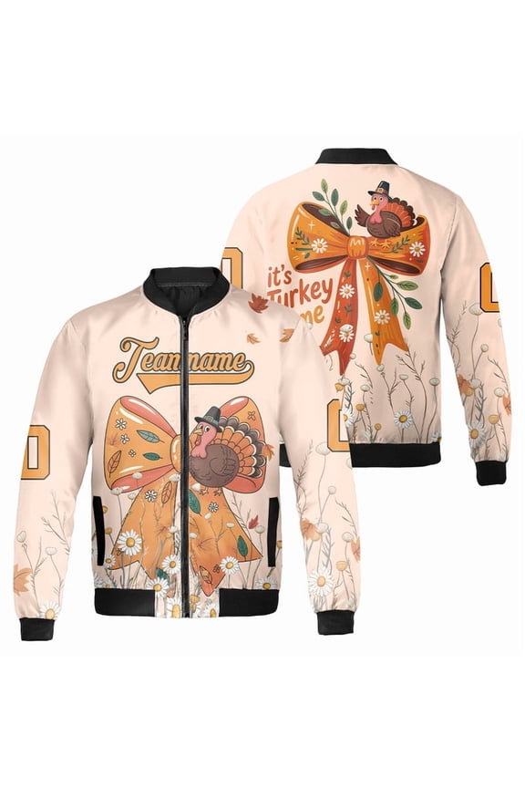 Personalized Happy Thanksgiving It's Turkey Time Bomber Jacket – Fall Floral Print, Unisex Holiday Outerwear – Custom Team Name & Number Gift Idea