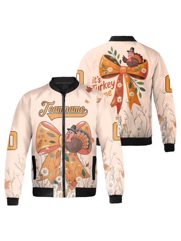 Personalized Happy Thanksgiving It's Turkey Time Bomber Jacket – Fall Floral Print, Unisex Holiday Outerwear