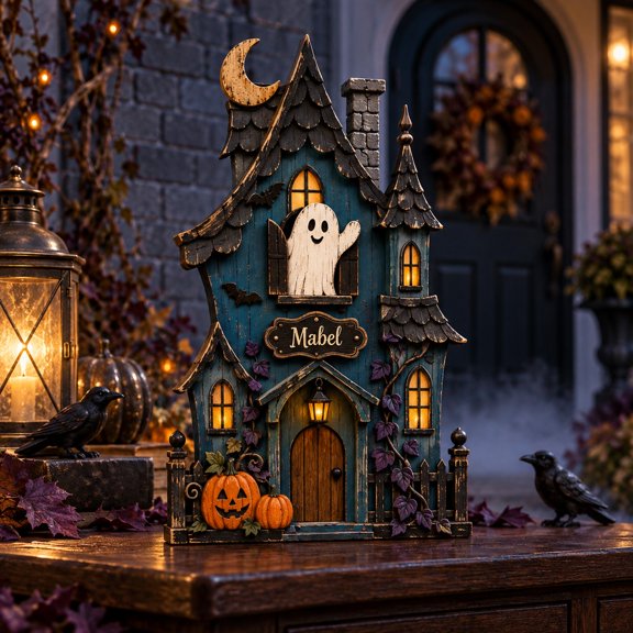 Personalized Haunted Ghost House Wooden Block 3 Layer Halloween Decor