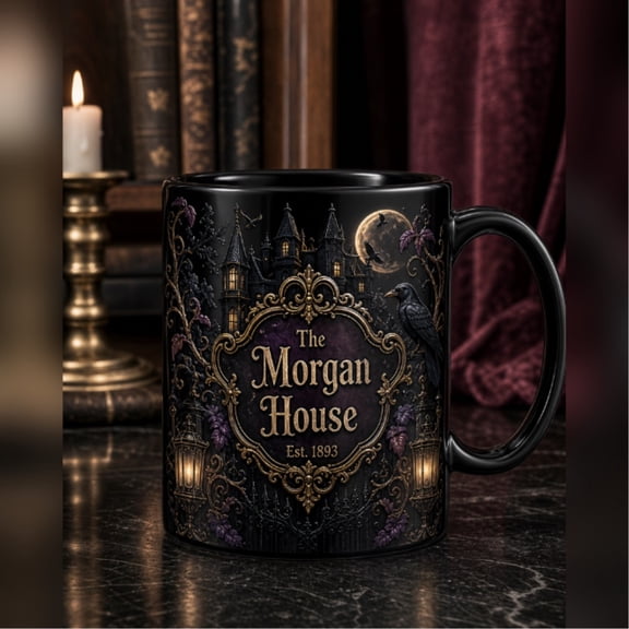 Personalized Haunted House Black Ceramic Coffee Mug Gothic Halloween Gift