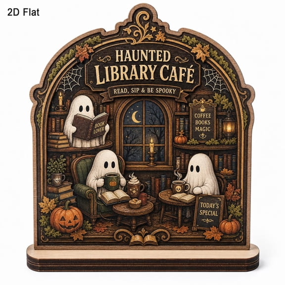 Personalized Haunted Library Cafe Wooden Block, Custom Ghost Coffee Decor, Halloween Shelf Sitter, Coffee Lover Gift