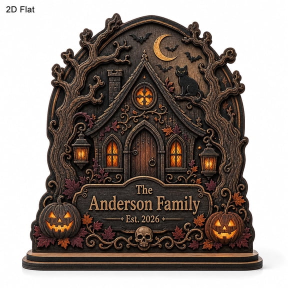 Personalized Haunted Tree House Wooden Block, Custom Spooky Halloween Family Name Decor, Gothic Autumn Tiered Tray Shelf Sitter