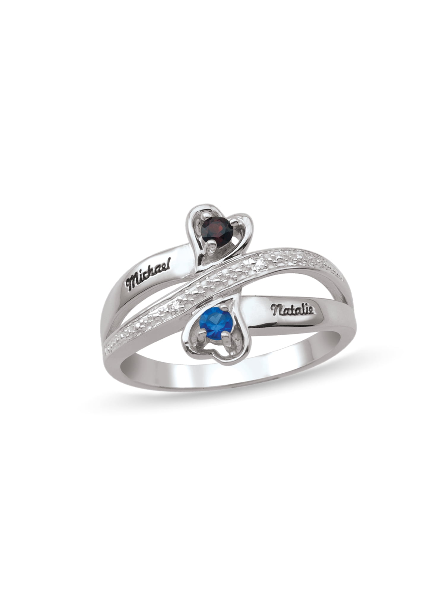 Personalized Heart Design Engravable Couple's Birthstone Ring in Sterling Silver with Diamond Accents by Jewlster