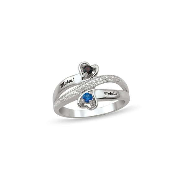Personalized Heart Design Engravable Couple's Birthstone Ring in Sterling Silver with Diamond Accents by Jewlster