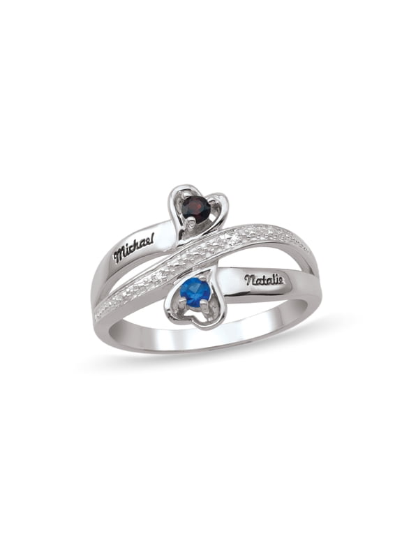 Personalized Heart Design Engravable Couple's Birthstone Ring in Sterling Silver with Diamond Accents by Jewlster