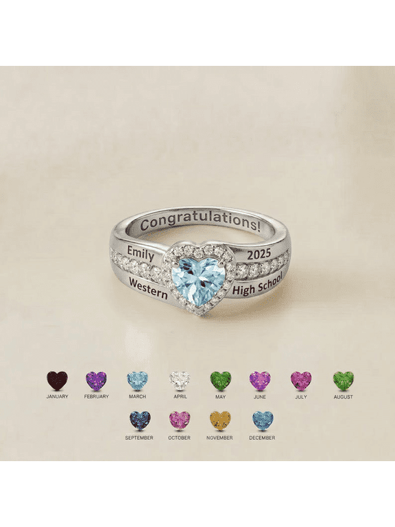 Personalized Heart Graduation Ring | Custom Engraved Birthstone Class Jewelry | Statement Class Ring for Senior