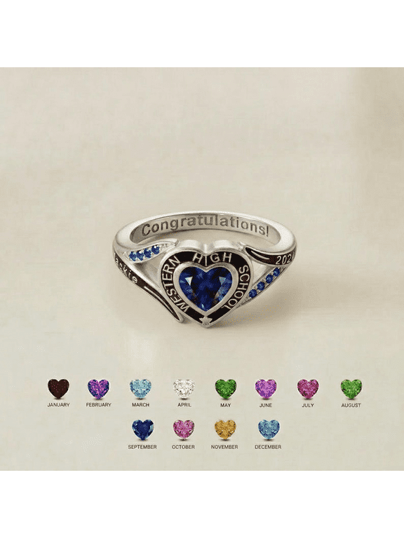 Personalized Heart Graduation Ring for Senior | Custom Birthstone Class Ring Gift | School Grad Keepsake