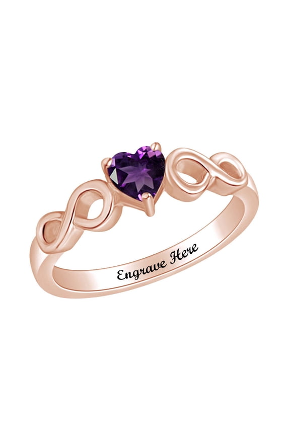 Personalized Heart Shape Simulated Amethyst Infinity Heart Promise Ring In 14k Rose Gold Over Sterling Silver Ring Size-5.5