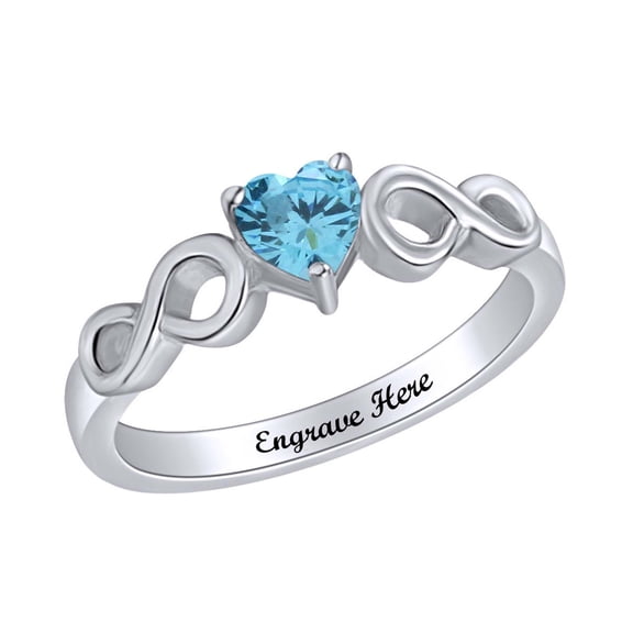 AFFY Personalized Heart Shape Simulated Aquamarine Infinity Heart Promise Ring In 14k White Gold Over Sterling Silver Ring Size-5