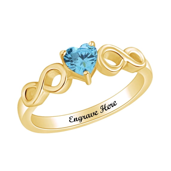 AFFY Personalized Heart Shape Simulated Aquamarine Infinity Heart Promise Ring In 14k Yellow Gold Over Sterling Silver Ring Size-5