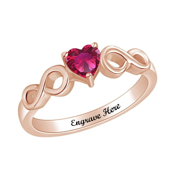 AFFY Personalized Heart Shape Simulated Ruby Infinity Heart Promise Ring in 14k Rose Gold over Sterling Silver-9.5