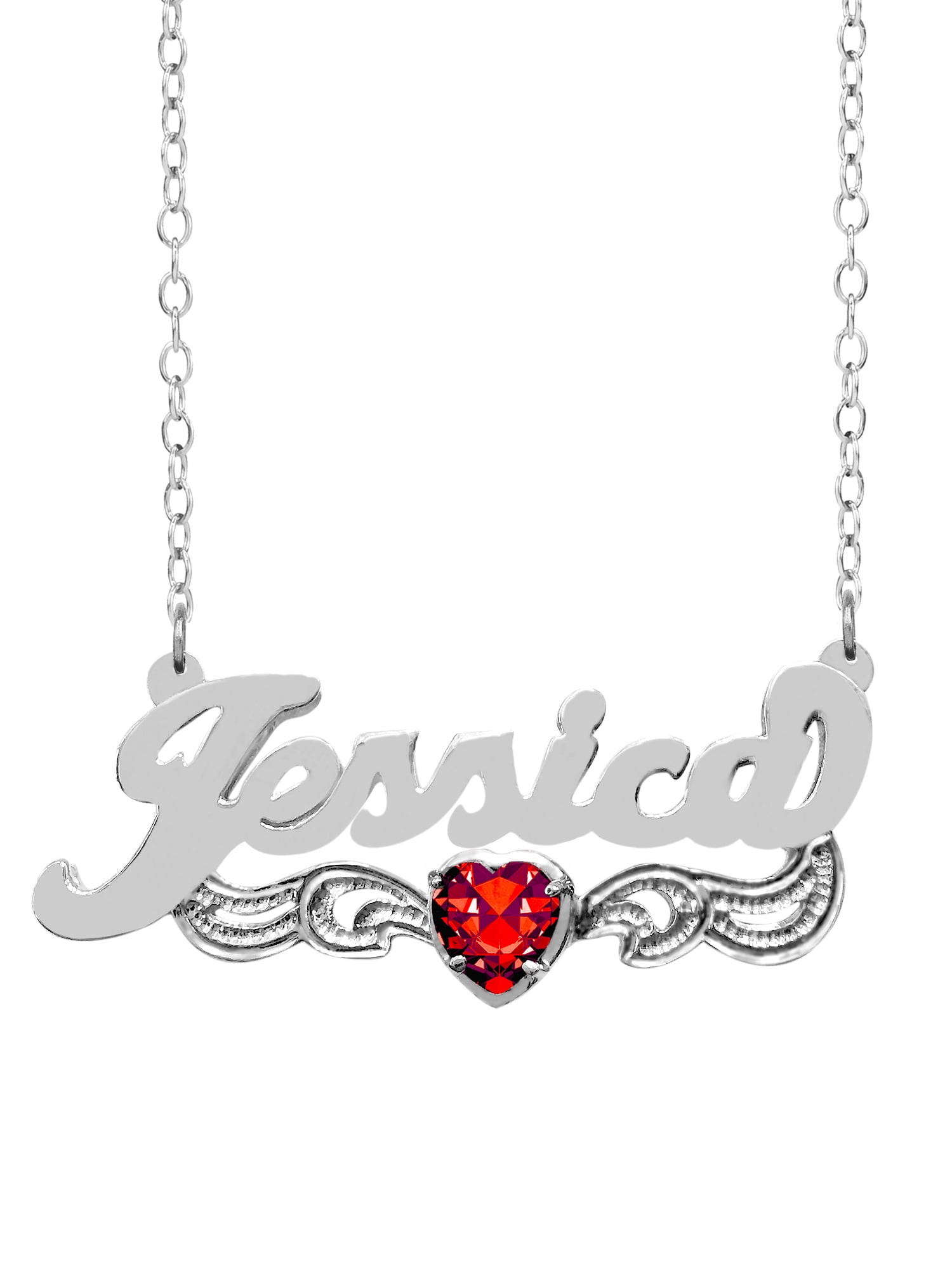 Personalized Heart-Shaped Birthstone Name Necklace with Beading and Rhodium on Tail