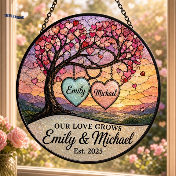 Personalized Heart Tree Suncatcher Custom Names Window Hanging for Couples