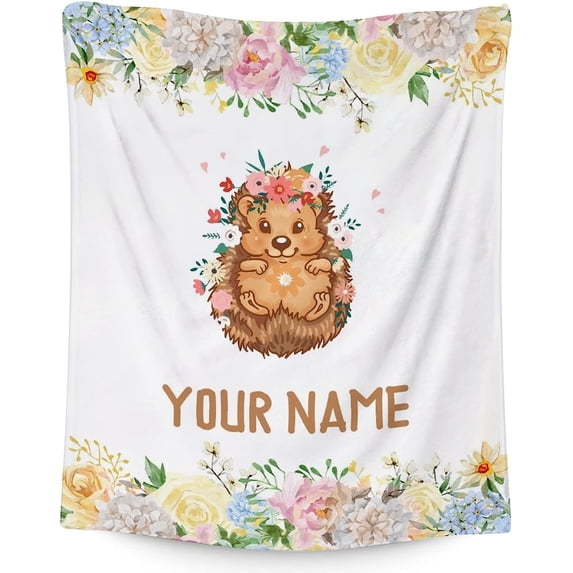 Personalized Hedgehog Blanket Gifts with Name - 50"x60" Cute Throw Blanket for Adults, Kids - White Soft Plush Blankets for Bed, Couch, Sofa