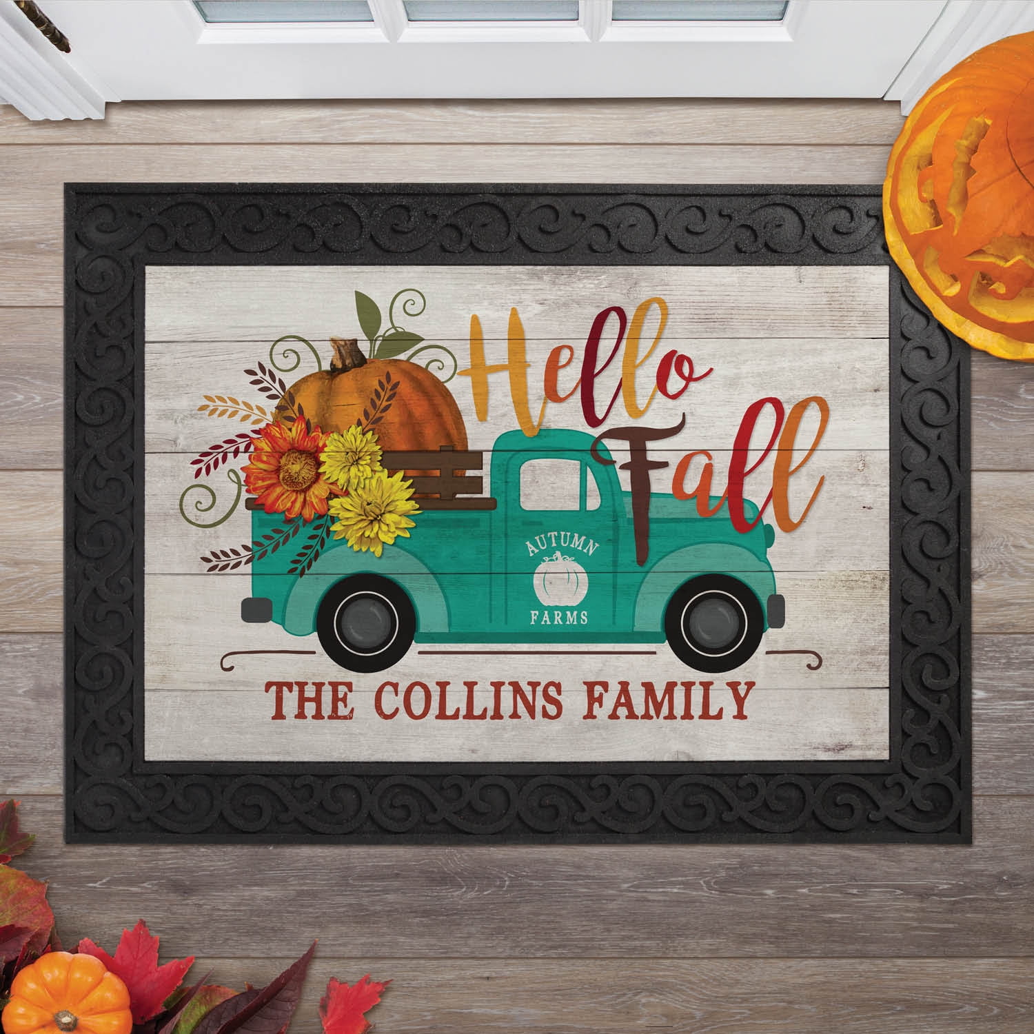 Personalized Hello Fall Pickup Truck Indoor / Outdoor Doormat