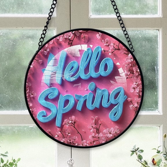 Personalized Hello Spring Stained Glass Suncatcher Artistic Window Hanging, Hello Spring 78” Hand-Painted Glass Panel Wall Home Decor, Hello Spring Garden Decor ydZ4fD (Hello Spring 6)
