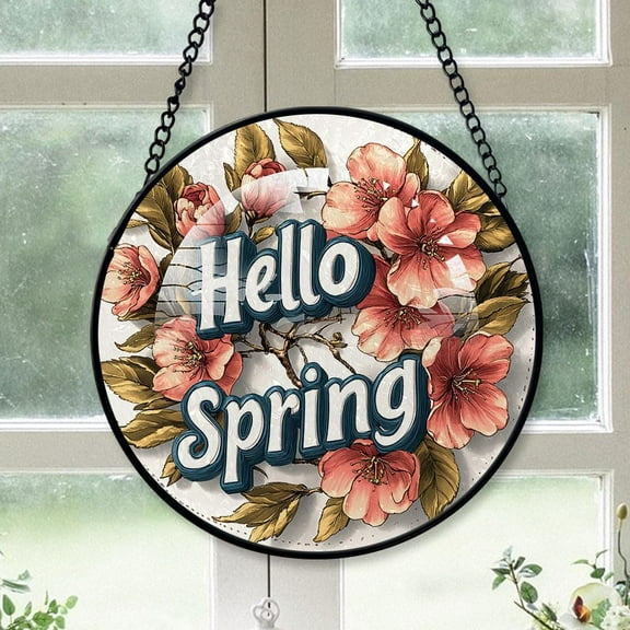 Personalized Hello Spring Suncatcher Stained Glass, Hello Spring Gifts for Women, Hello Spring for Windows, Hello Spring Window Hangings with Chain and Hook EgcXBc (Hello Spring 40)