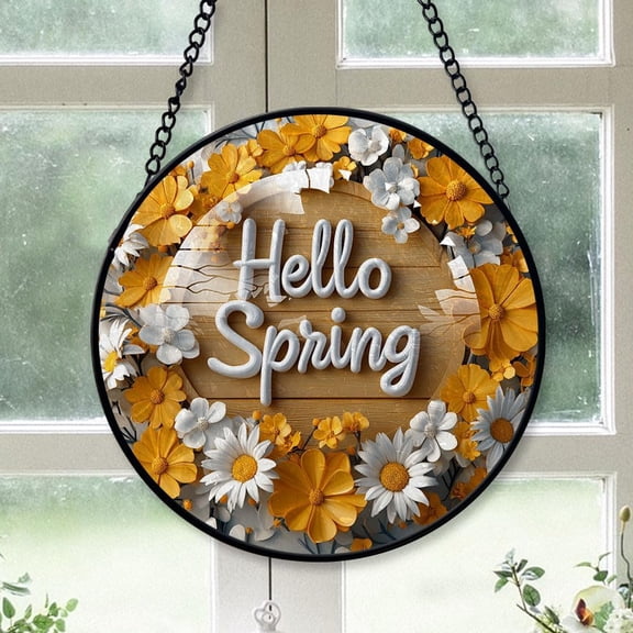 Personalized Hello Spring Suncatcher Stained Glass, Hello Spring Gifts for Women, Hello Spring for Windows, Hello Spring Window Hangings with Chain and Hook S9Q6ji (Hello Spring -11)