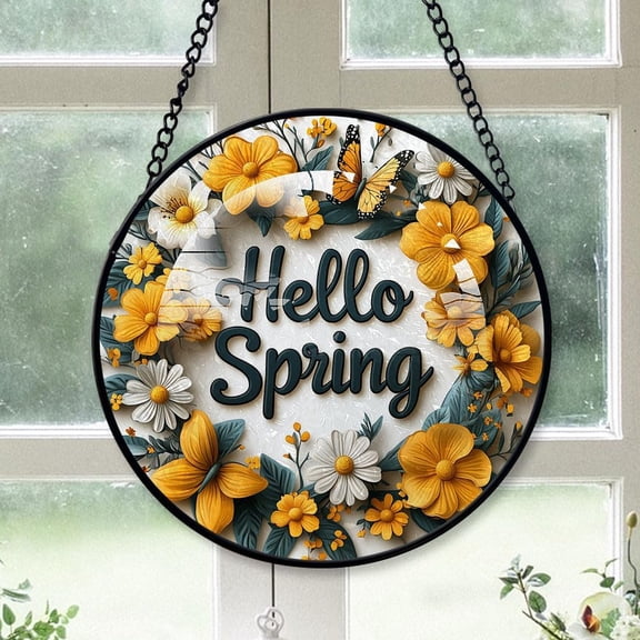 Personalized Hello Spring Suncatcher Stained Glass, Hello Spring Originally Designed 78'', Hello Spring Suncatchers for Indoor Window, Beautiful Gifts VHqhWV (Hello Spring -9)